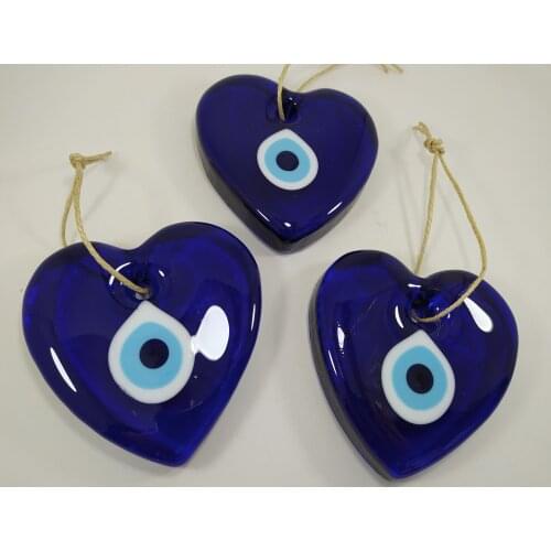 Set of 3 Heart Evil Eye 9 cm Glass Bead Pendant Turkish Handmade Amulet Wall Hanging Talisman Boho Home Decor Made in Turkey