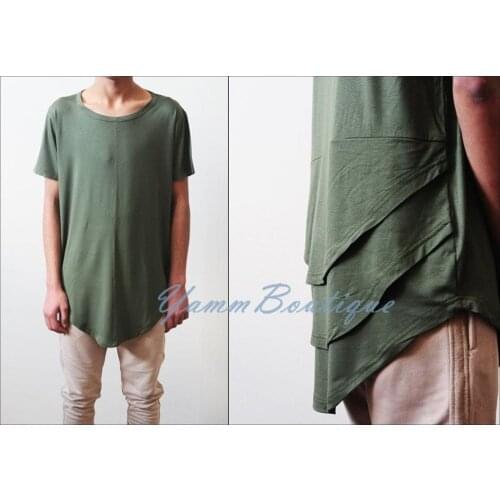 Olive Distressed Scoop Wide Neck Short Sleeve Extended Folded Back Tshirt --- Relaxed fit / Long Fitted