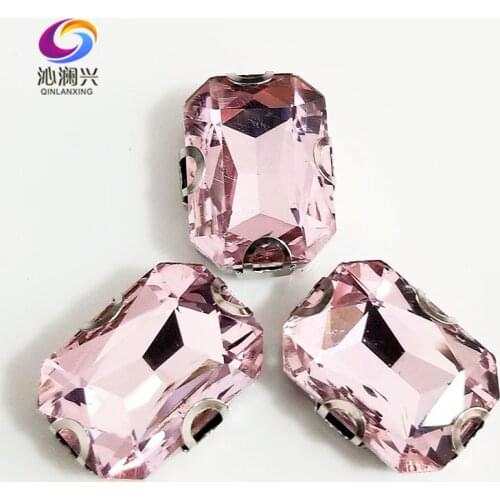 Pink Rectangle octagonal shape High quality Glass Crystal sew on Anti hook D shape claw rhinestones,Diy Clothing accessories