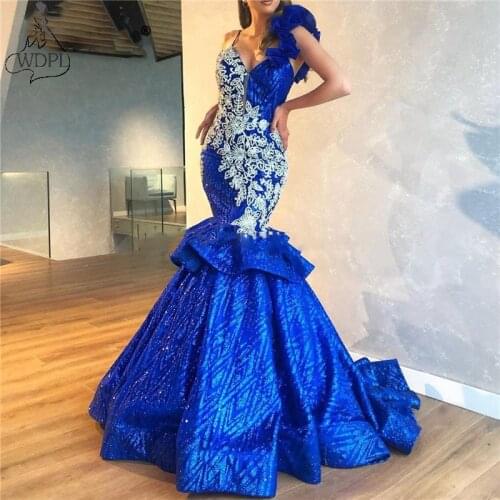Chic Lace Mermaid Evening Dresses 2020 Royal Blue Straps Appliqued Formal Prom Dresses Long Party Night Gowns Event Wear Custom
