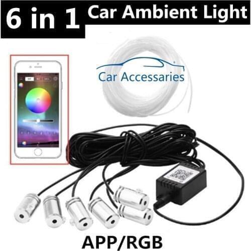 6 in 1 RGB LED Atmosphere Car Light Interior Ambient Light Fiber Optic Strips Light by App Control DIY Music 8M Fiber Optic Band