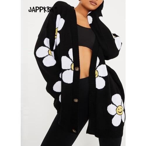 Long Sleeve y2k Sweater Women Autumn 2021 Love Flowers Smile V Neck Long Loose Cardigans Female Single-breasted Knitted Jackets