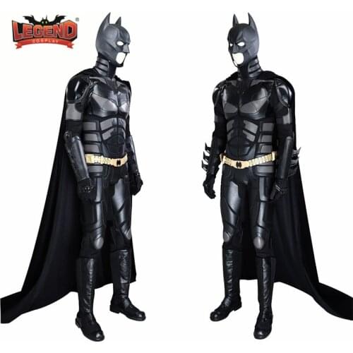 The Dark Knight Rises Costume superhero Bruce Wayne Complete Black Suit with Headgear Golden Belt Cape cloak custom made