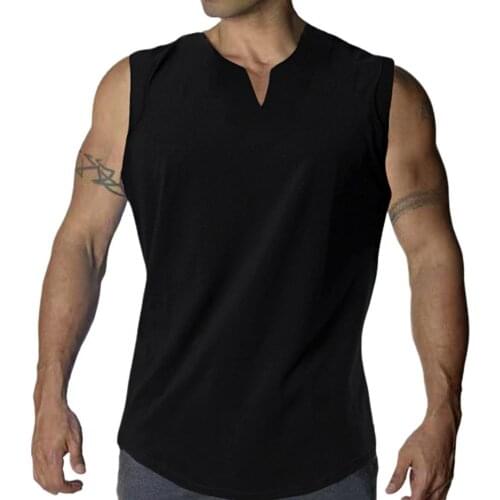 New Men V-neck Top pure color cotton Summer vest Gym Muscle Bodybuilding Streetwear sleeveless Shirt Workout Fitness Sport 2021