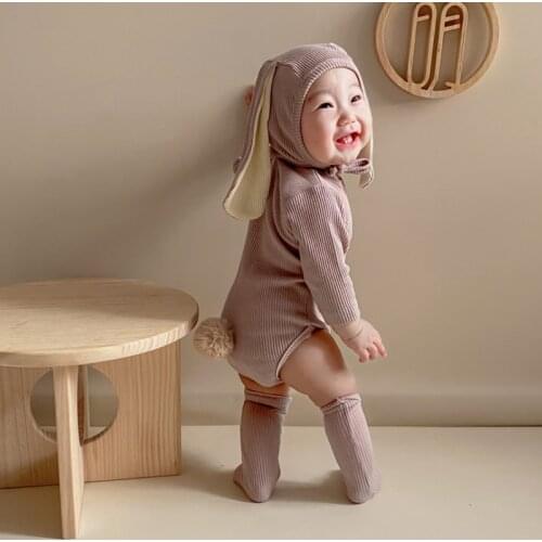 Korean Newborn Baby Bodysuits Spring Baby Clothes Cute Baby Bunny Bodysuits Big Ear Hat and Socks Baby Clothes