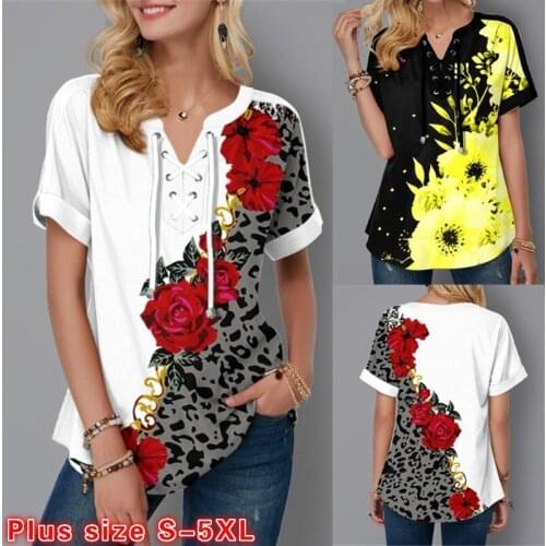 A55 Plus Size Women Clothing Short Sleeve T-Shirts Fashion Flower Print Bandage V-Neck Summer Tee Loose Casual Lady 021 T-Shirt