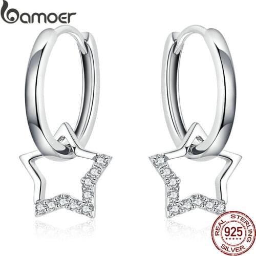 BAMOER Statement Wedding Jewelry Clear CZ Earrings with Star Charm Women Genuine 925 Sterling Silver Fine Jewelry BSE276