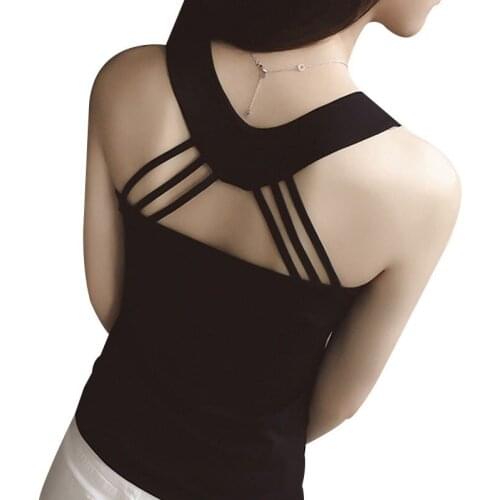 Women Black O-Neck Back Crisscross Halter Vest Tee Top Girl Solid Casual Slim Sexy Beauty Back White Tank Cut Out Bustier Camis