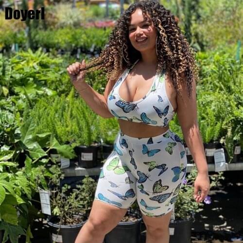 Butterfly Print Sexy Two Piece Outfits for Women Summer Matching Sets Crop Top and Biker Shorts Set Joggers Women Set tracksuit