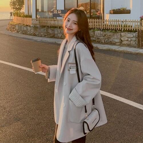 Oversized Womens Suit Blazer Jacket Female Beige Gray Office Ladies Double Breasted Vintage Loose Pockets Korean Style Coat