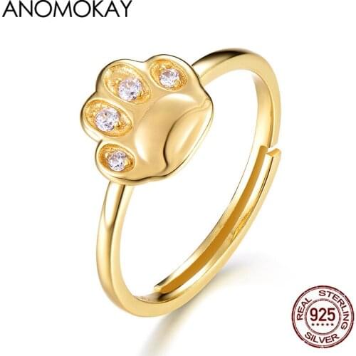Anomokay New Arrivals Cute Cat Paw with White Zircon Gold Color Plated Rings Real 925 Silver Adjustable Ring for Women Girl Gift