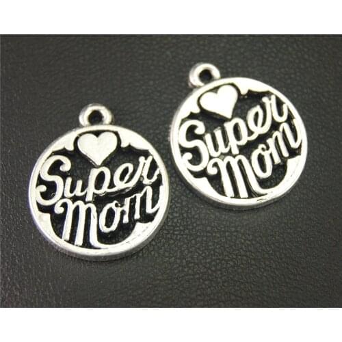 15pcs Silver Color Super Mom Round Charm Pendant DIY Necklace Bracelet Bangle Findings 22x19mm A1897