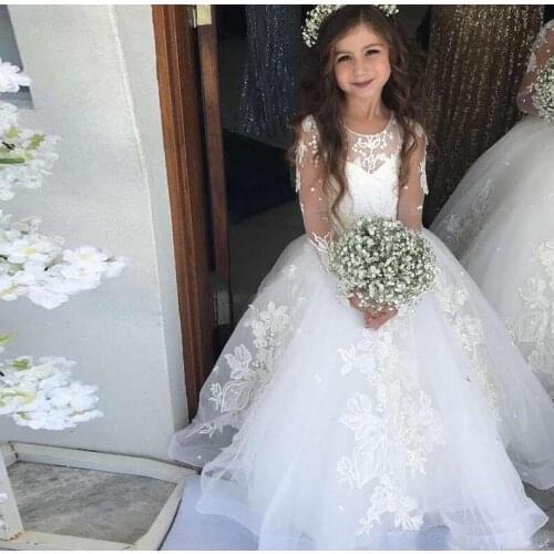 White Princess Flower Girl Dresses Sheer Long Sleeve Girls Pageant Dresses Toddler Pretty Kids Formal First Holy Communion Dress