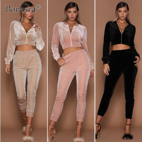 Bornsra 2021 Diamond Velvet ZipperCardigan Sweater Casual Pant Suit Womens Autumn and Winter New Solid Spring/Autumn Woman