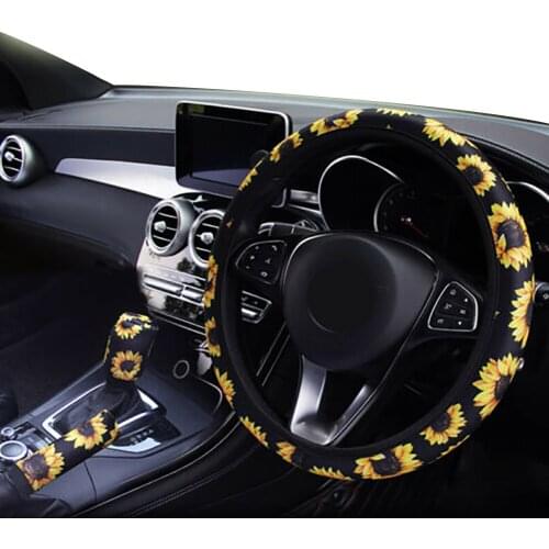 3Pcs Steering Wheel Cover Sunflower Print Parts Accessories Car Interior