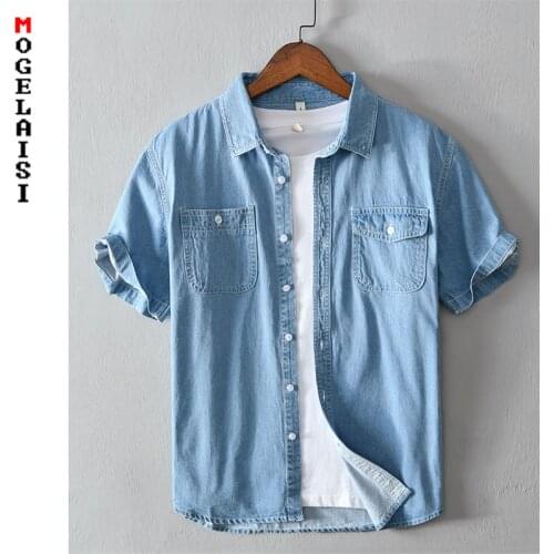 Denim shirt men New summer short sleeve pocket shirts Breathable blue casual man Denim shirt clothing Camisa masculina 559
