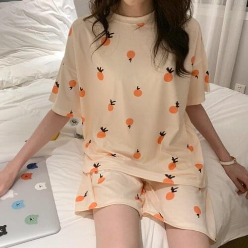 Cute orange fruit print summer pajamas suit girls long-sleeved loose casual pajamas T-shirt and shorts home service