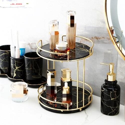 Home Bathroom Desktop Shelf Marbling Ceramics Iron Art Double Storage Rack Cosmetic Organizer Rotatable Storage Decoration Rack