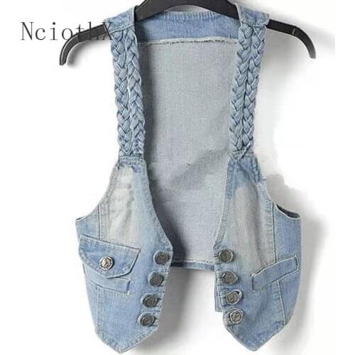 NciothX 2021 New Twist Sleeveless Denim Vest Women 2018 Vintage Casual Double breasted Short Slim Veste Female Large Waistcoats