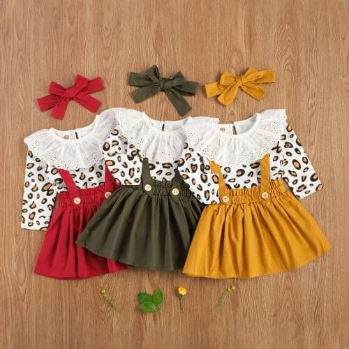 Girls Three Piece Set Infants Leopard Printed Lace Crew Romper Strap Skirt Headband Baby Girl Clothing