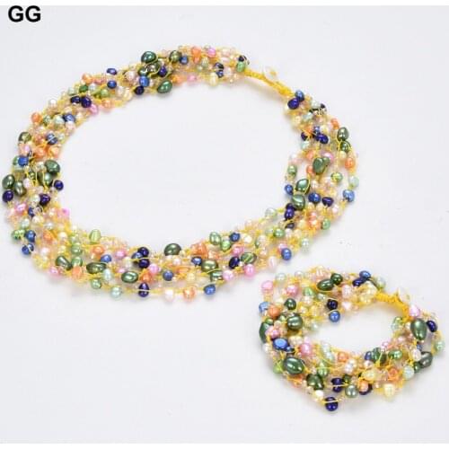 GG Jewelry Natural Freshwater Cultured Baroque Pearl 5 Strands Multi Color Pearl Crystal Necklace Bracelet Sets For Women Girl