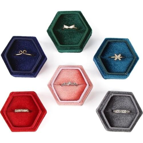 New product Hexagon Velvet Ring Box jewelry box Display Holder with Detachable Lid Ring Box Holder for Wedding Engagement