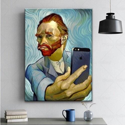 Funny Art Van Gogh Selfie By Phone Canvas Painting Abstract Portrait of Van Gogh Posters and Prints Wall Pictures for Home Decor