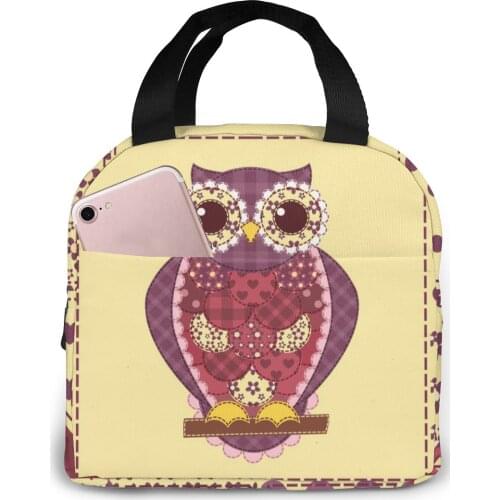 Owl Patchwork Pattern Cooler Bag Portable Zipper Thermal Lunch Bag Convenient Lunch Box Tote Food Bag