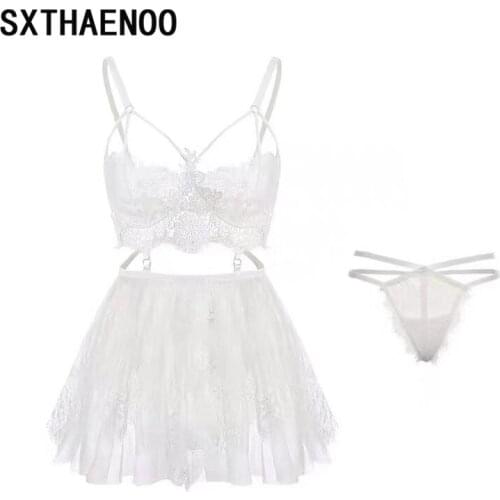 SXTHAENOO Women Camis Lace Open Back Sexy Sleepwear Sleeveless Sashes Mesh Nightwear Ladies Black Sexy Nightgown Women Nightdres