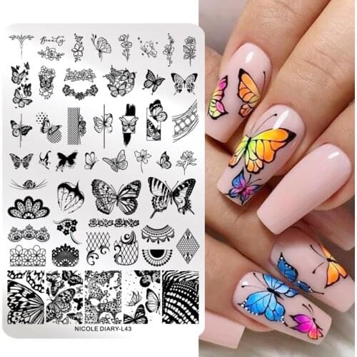 NICOLE DIARY-L43 Butterfly Lace Series Nail Stamping Plates Stainless Steel Leaf Flower People Image Nail Art Stamp Stencil Tool