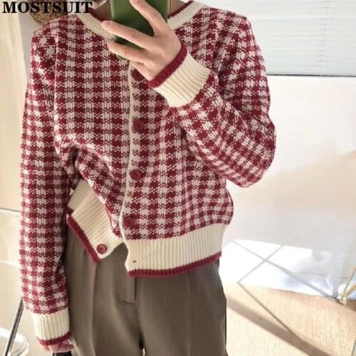 Autumn Vintage Loose O-neck Women Plaid Knitted Cardigans Casual Single-breasted Full Sleeve Female Sweaters 2021