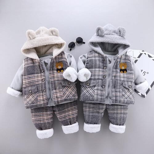 Toddler Winter Children Thicken Cotton Clothes Baby Boy Girls Cartoon Add Velvet Warm Vest Coats Pants 3Pcs/sets Infant Kids Top