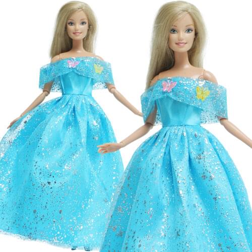 1 Pcs Fairy Tale Dress Princess Party Dating Wear Blue Skirt Gown Cute Butterfly Clothes for Barbie Doll Accessories Kids Toy