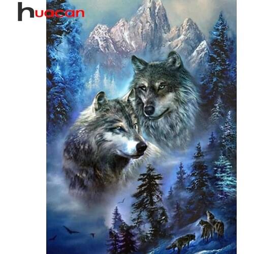 Huacan Diamond Painting Full Wolf Fantasy Mosaic Embroidery Animal Scenery Paintings For Interior Home Decor