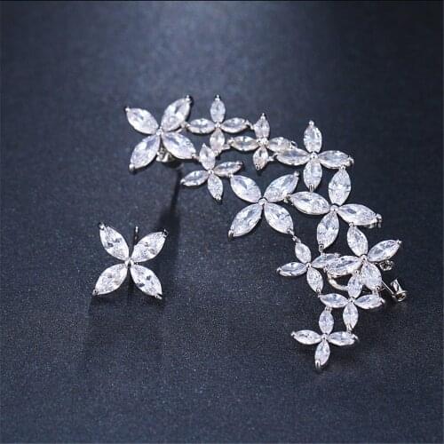 Ekopdee Luxury Trendy Zircon Flower Stud Earrings For Women Dainty White Color Crystal Clip Earring Wedding Engagement Jewelry