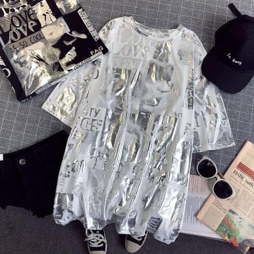 T-shirt Women Shiny Letters Silver Print Short Sleeve O-neck Fashion Oversized Casual Summer Femme T shirt Women Tops CC302