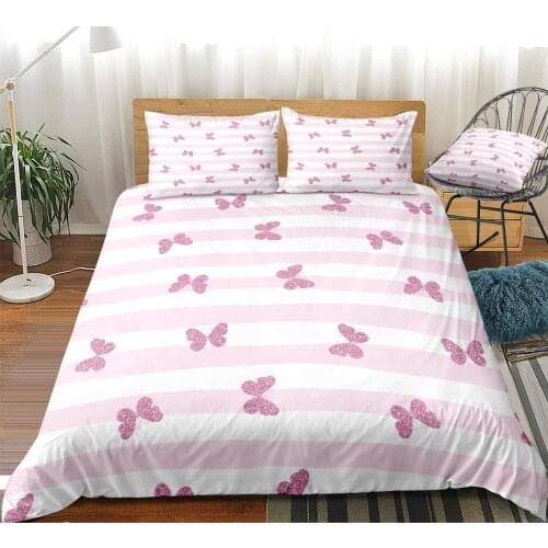 Butterfly Bedding Set Stripe Duvet Cover Set Pink Girls Bed Linen Colorful Butterfly Bedclothes Kids Teens Home Textile