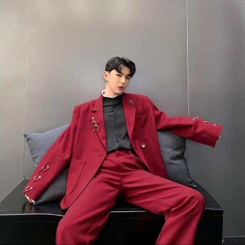 Red Suits Men Sets Casual Personality Small Suit Spring Retro Suits Mens Tide 2021 New Korean Version Of The Trend Loose