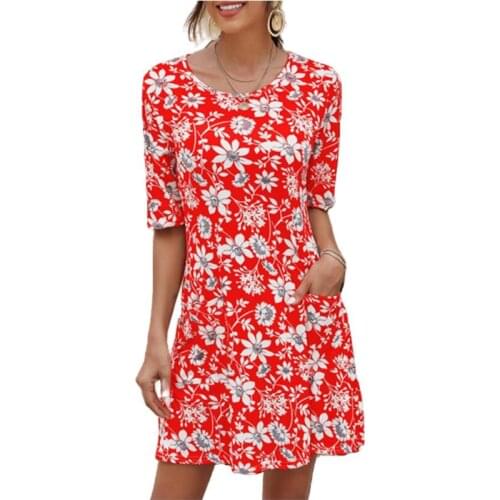 Summer Dresses Women Vintage Pocket Short Sleeve Dress Casual Floral Print Beach Party Dresses Loose O-Neck Female Mini Dress