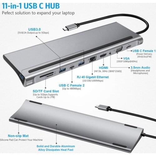 Multifunction 11 in 1 4K USB-C HUB Type-C to USB 3.0 TF SD HDMI VGA RJ45 Aluminium Alloy PD HD Docking Station For Laptop Hub