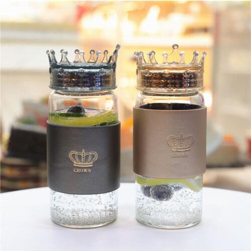 320ml Fashion Glass Water Bottle Cup With Crown Lid Body Cover Heat Resistant Leak-proof Drinking Bottle