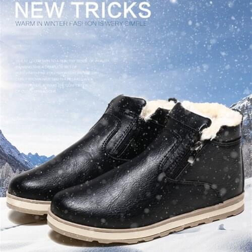Mens Boots Winter Waterproof Leather Outdoor Hiking Shoes Black Warm Snow Boots with Fur Lining