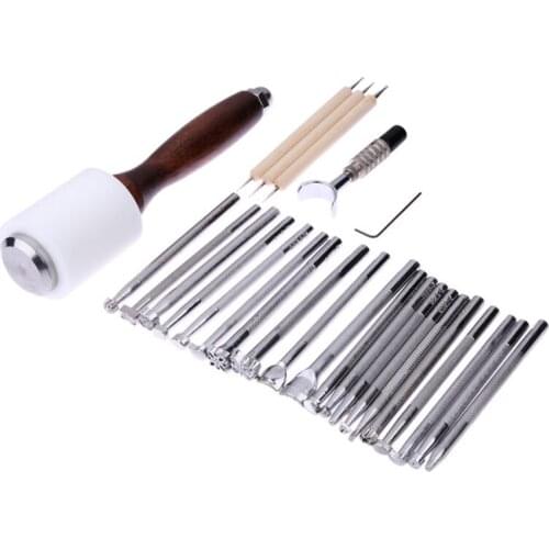 25PCS Leathercraft Embosser Needlework Embossing Beveler Kit Leather Carving Knife Leather Hammer Blade Tools Stamp DIY