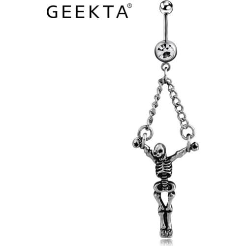 Punk Human Skeleton Dangling Navel Belly Button Ring Crystal Surgical Steel Chain Body Piercing Jewelry Women Accessories
