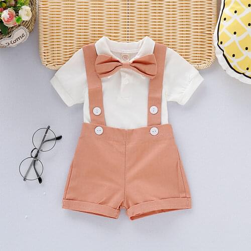 Summer Newborn Baby Solid Color Linen Outfits Baby Boys Short Sleeve Lapel Bodysuit+Suspender Pants+Bow Tie Sets for 0-24M