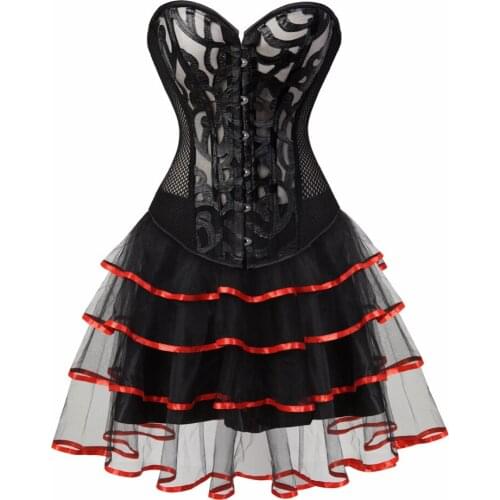 Sapubonva victorian bustier corset dresses up costumes gothic burlesque corset and skirt set floral lace for women plus size