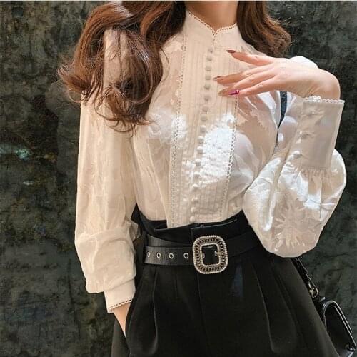 Petal Sleeve Stand Collar Hollow Out Flower Lace Patchwork Shirt Femme Blusas All-match Women Blouse Chic Button White Top 2021