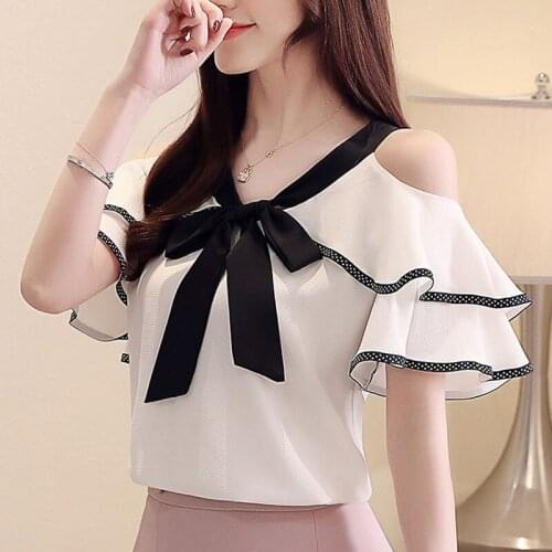 2021 Blusas Mujer Sexy Off Shoulder Tops Bow V-neck Chiffon Blouse Short Sleeve Blouse Women Summer Tops Female Shirt 14096