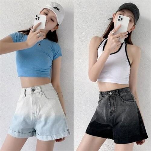 Free Shipping 2021 Summer Womens New Gradient Color Wide-Leg Denim Shorts Curled Casual Straight-Leg Hot Pants