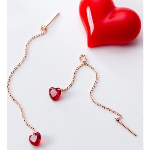 MloveAcc Genuine 925 Sterling Silver Red Heart Drop Earrings for Women Long Chain Heart Earrings Drop Sterling Silver Jewelry